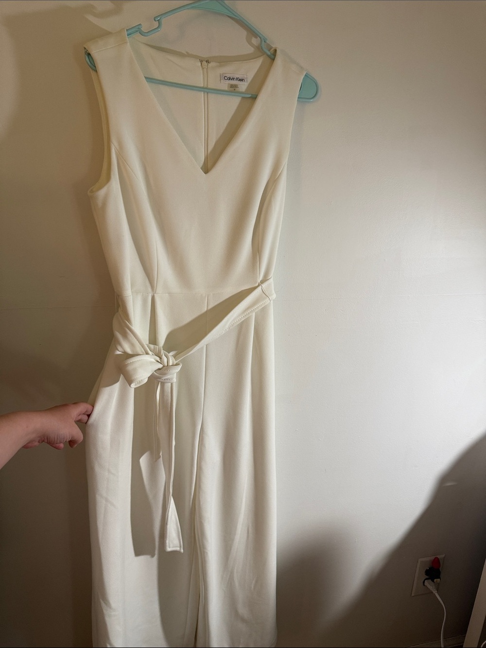 Calvin Klein white Sleeveless jumpsuit with V-Neck and Waist Tie